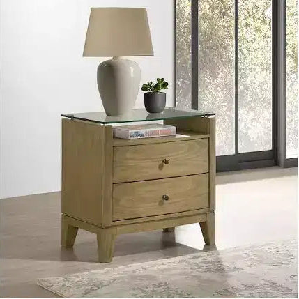 Comodino a 2 cassetti con piano in vetro - Pino naturale