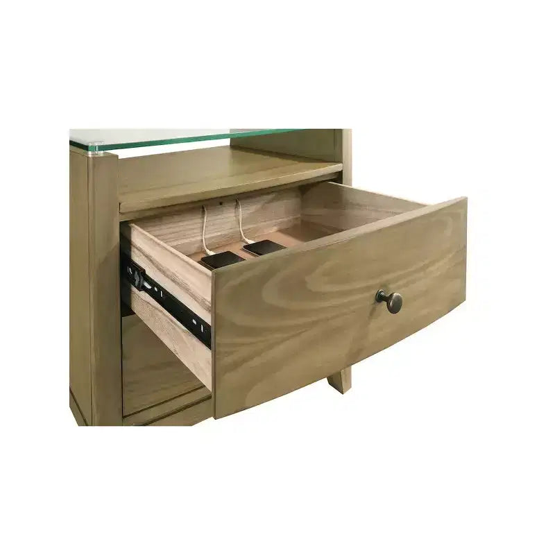 Comodino a 2 cassetti con piano in vetro - Pino naturale