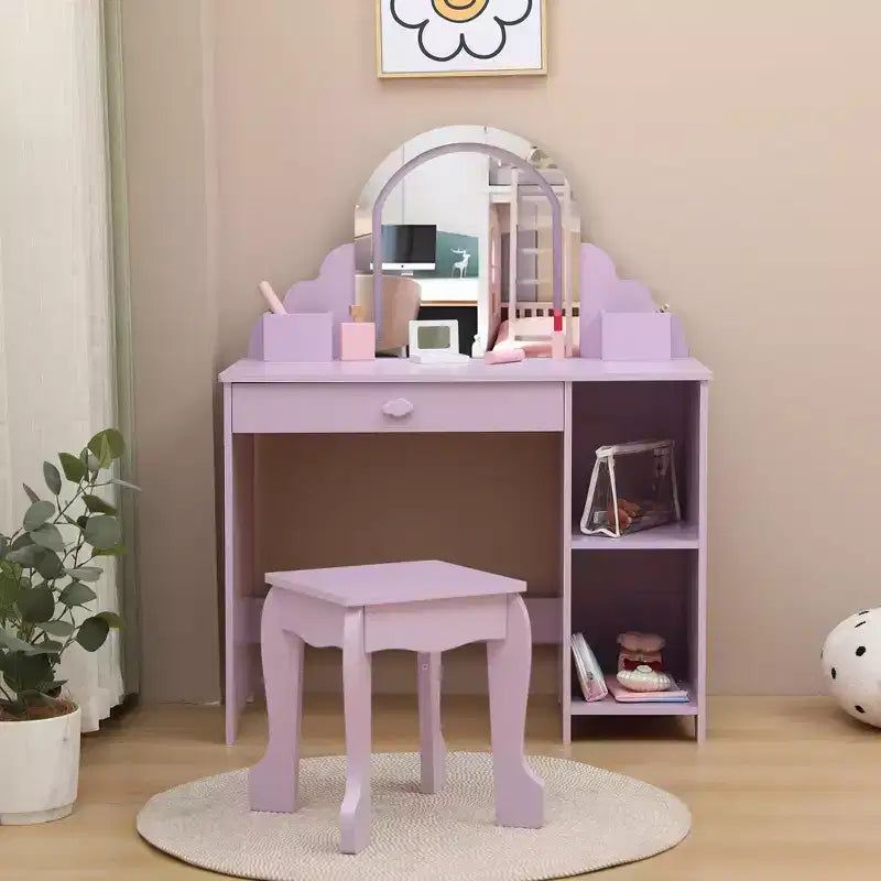Set da toeletta per bambini con specchio, sgabello e contenitore – Viola
