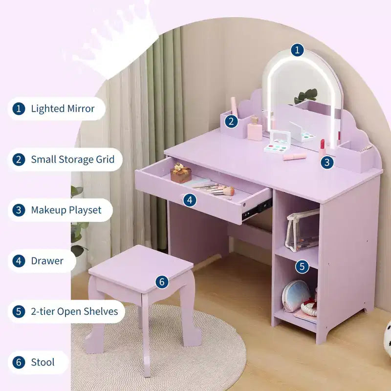 Set da toeletta per bambini con specchio, sgabello e contenitore – Viola
