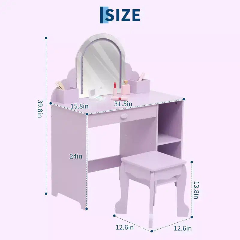 Set da toeletta per bambini con specchio, sgabello e contenitore – Viola