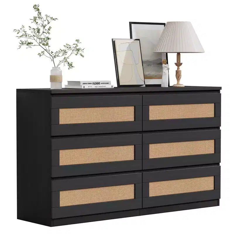 6 Drawer Double Dresser for Bedroom, Wide Chest of Drawers & Boho Dresser, Wooden Storage Organizer for Closet, Living Room, Entryway