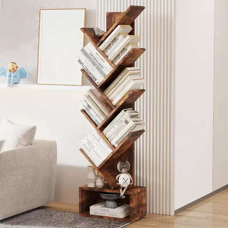 Acekool Vintage Tree Bookshelf, 8-Shelf Tall Bookcase with Drawer, Space-Saving Display Rack for Living Room Office Study, 15 x 8 x 52 Inch