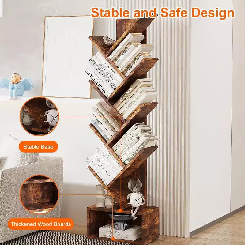 Libreria ad Albero Vintage, Libreria Alta a 8 Ripiani con Cassetto, Espositore Salvaspazio per Soggiorno, Ufficio, Studio, 38 x 20 x 132 cm