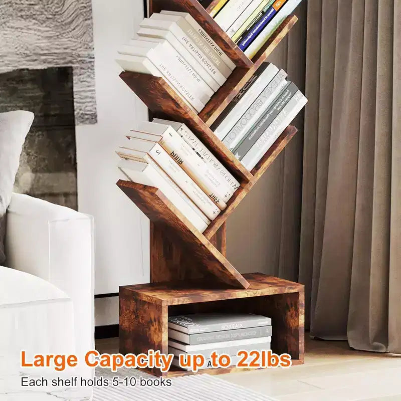 Libreria ad Albero Vintage, Libreria Alta a 8 Ripiani con Cassetto, Espositore Salvaspazio per Soggiorno, Ufficio, Studio, 38 x 20 x 132 cm