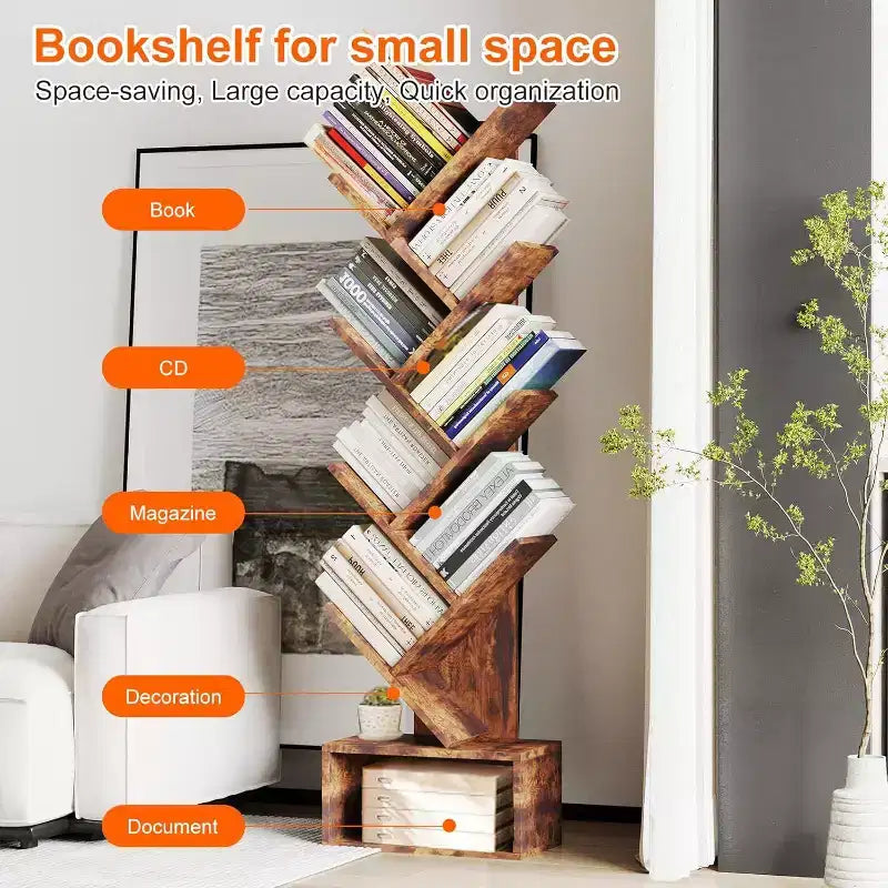 Libreria ad Albero Vintage, Libreria Alta a 8 Ripiani con Cassetto, Espositore Salvaspazio per Soggiorno, Ufficio, Studio, 38 x 20 x 132 cm