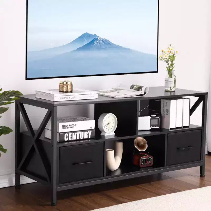 Mobile TV con 2 cassetti in tessuto e ripiani aperti, adatto per TV fino a 50 pollici, nero