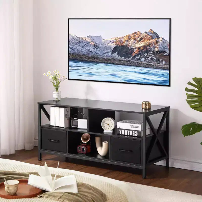 Mobile TV con 2 cassetti in tessuto e ripiani aperti, adatto per TV fino a 50 pollici, nero