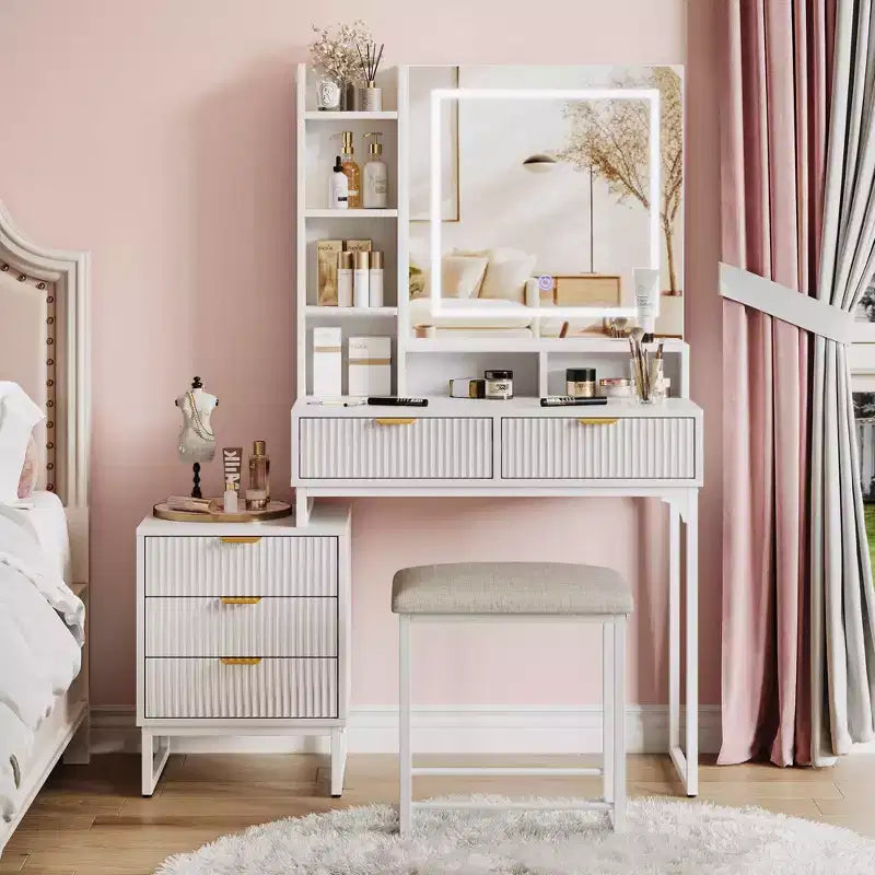 Set Toeletta Trucco Illuminata con Specchio, Cassetti Contenitori e Sgabello