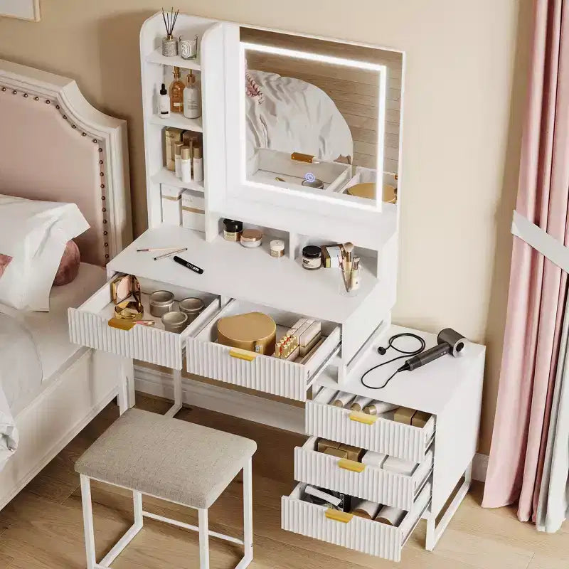 Set Toeletta Trucco Illuminata con Specchio, Cassetti Contenitori e Sgabello
