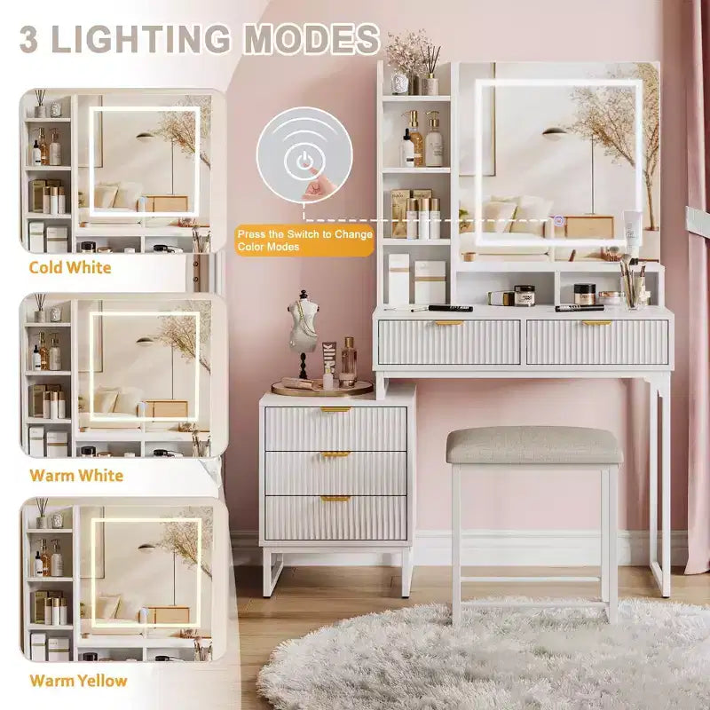 Set Toeletta Trucco Illuminata con Specchio, Cassetti Contenitori e Sgabello