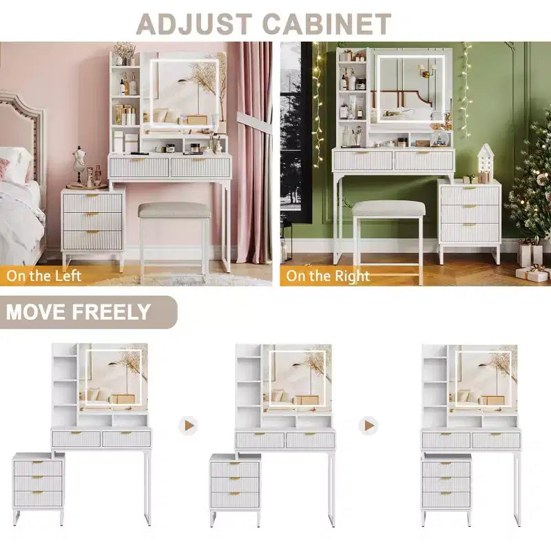 Set Toeletta Trucco Illuminata con Specchio, Cassetti Contenitori e Sgabello