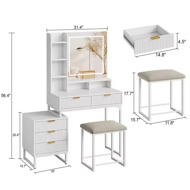 Set Toeletta Trucco Illuminata con Specchio, Cassetti Contenitori e Sgabello