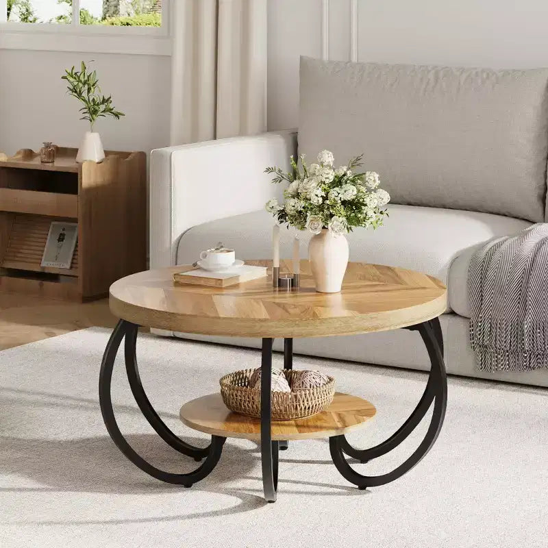 Tavolino rotondo con ripiano a 2 livelli e piedini regolabili, diametro 85 cm