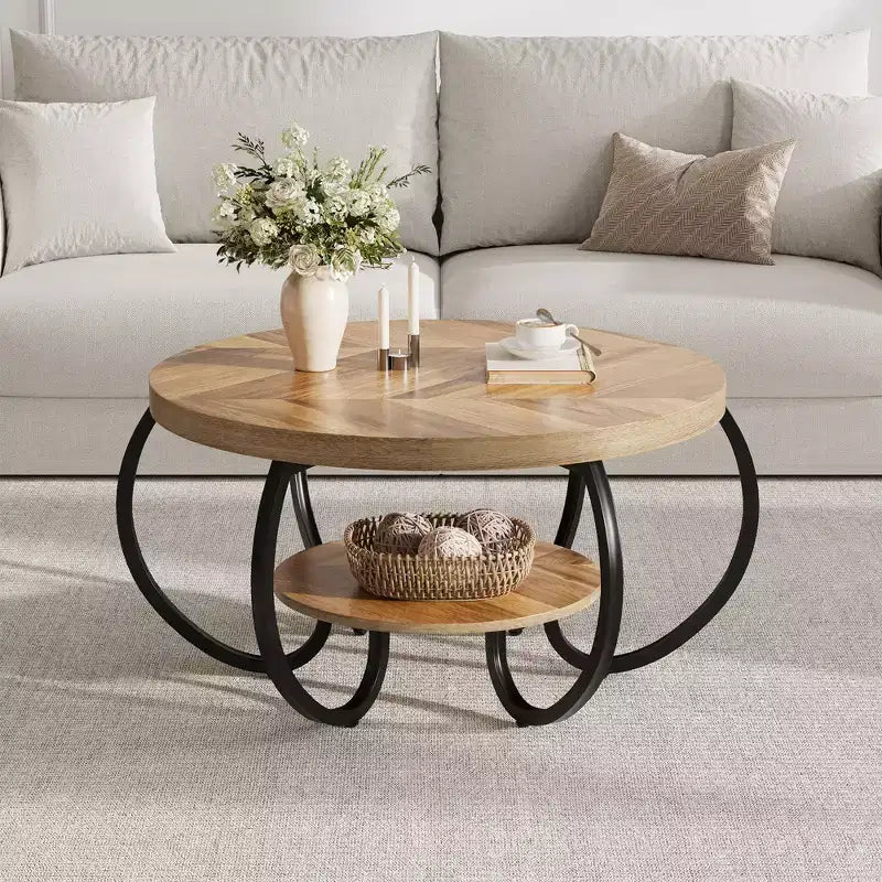 Tavolino rotondo con ripiano a 2 livelli e piedini regolabili, diametro 85 cm