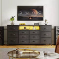 63 Dresser TV Stand for 65 70 75 Inch TV, Fabric Chest of Drawers with Charging Station, LED Lights, Open Shelves & 12 Drawer Dresser
