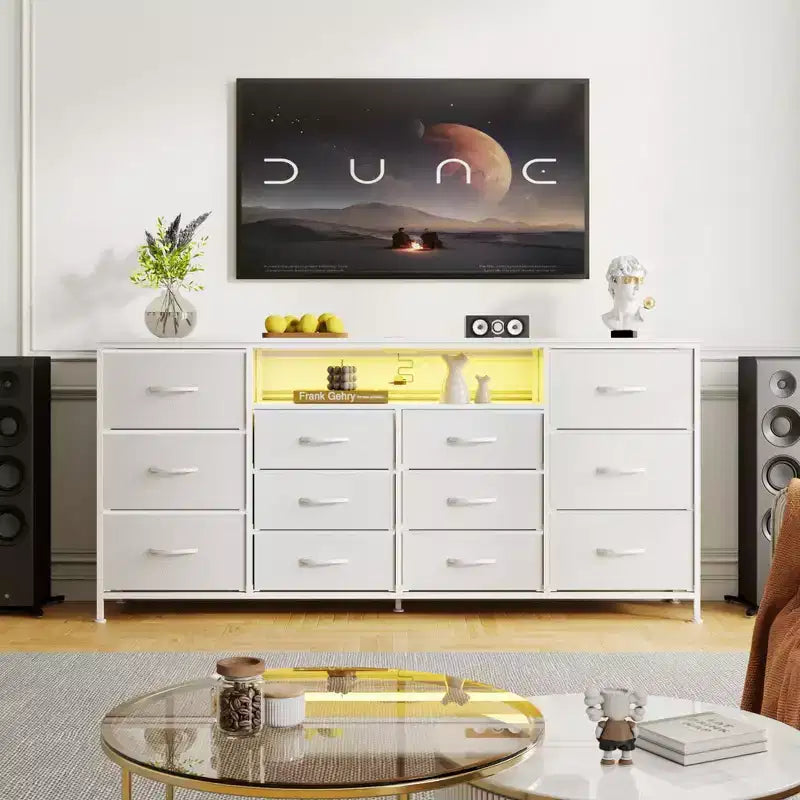 Mobile TV da 63 pollici con cassettiera, cassettiera in tessuto a 12 cassetti con luci LED, stazione di ricarica e ripiani aperti