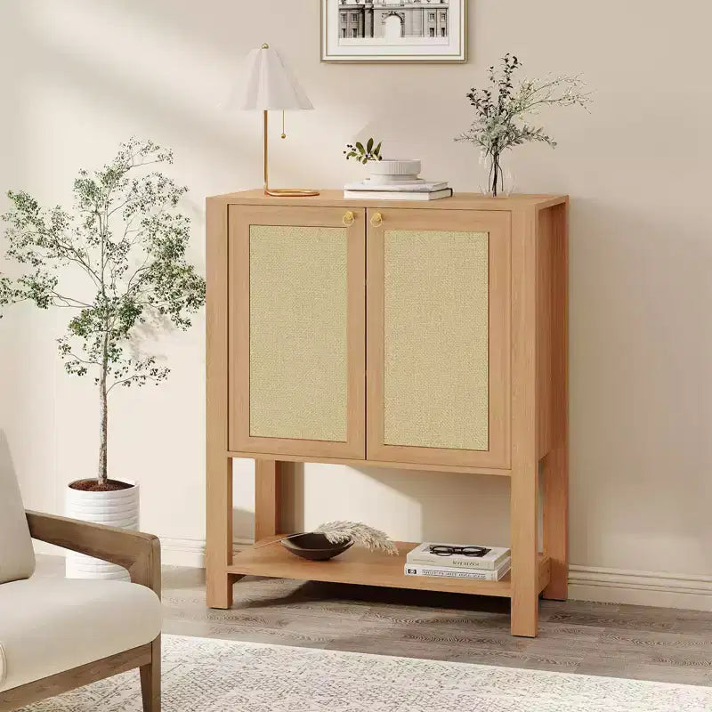 Rattan Shoe Cabinet for Entryway, 5-Tier Farmhouse Organizer Rack Narrow Shoe Storage Cabinet w/2 Doors & Open Shelf for Hallway Living Room