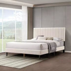 Queen Size Velvet Upholstered Bed Frame, Vertical Channel Tufted Wingback Headboard, No Box Spring Needed, Easy Assembly, White