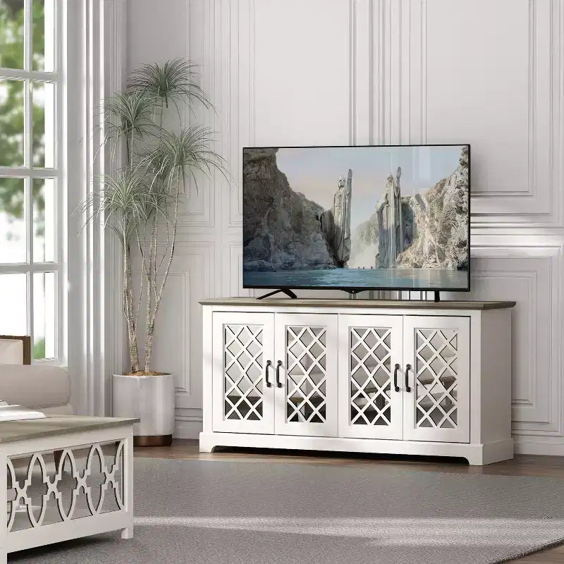 Mobile TV con 4 ante a specchio e spazio contenitivo a scomparsa 151,4 cm L x 39,9 cm P x 74,4 cm A