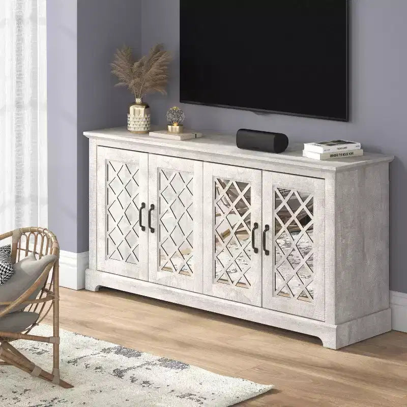 Mobile TV con 4 ante a specchio e spazio contenitivo a scomparsa 151,4 cm L x 39,9 cm P x 74,4 cm A