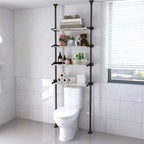 4 Tiers Over Toilet Storage Black Bathroom Organizer Adjustable Tension Pole Shelves for Showers 97 to 116 Inches