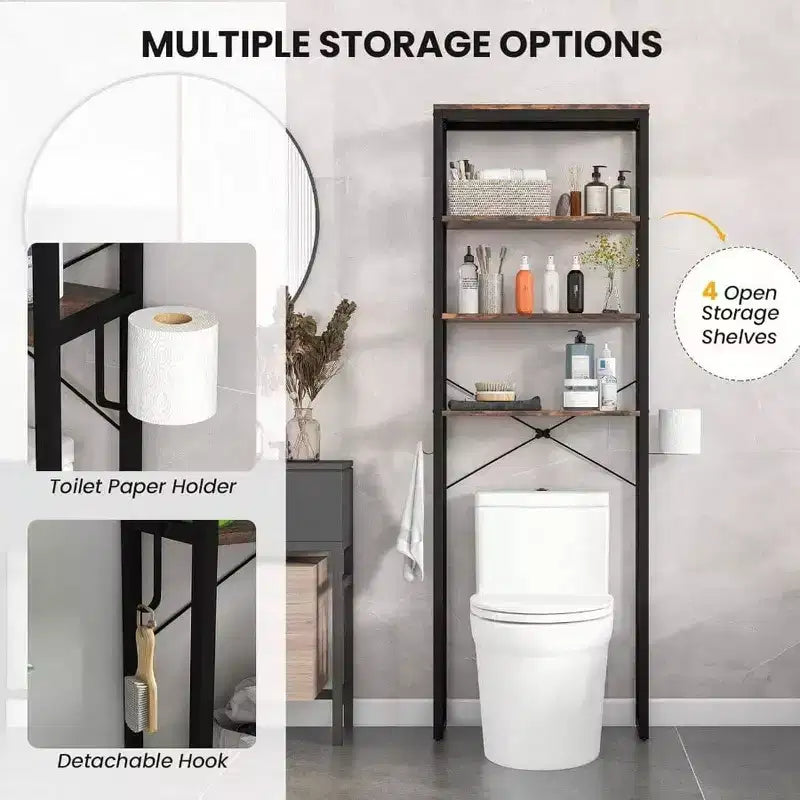 Scaffale da bagno a 4 ripiani sopra il WC con portarotolo e gancio