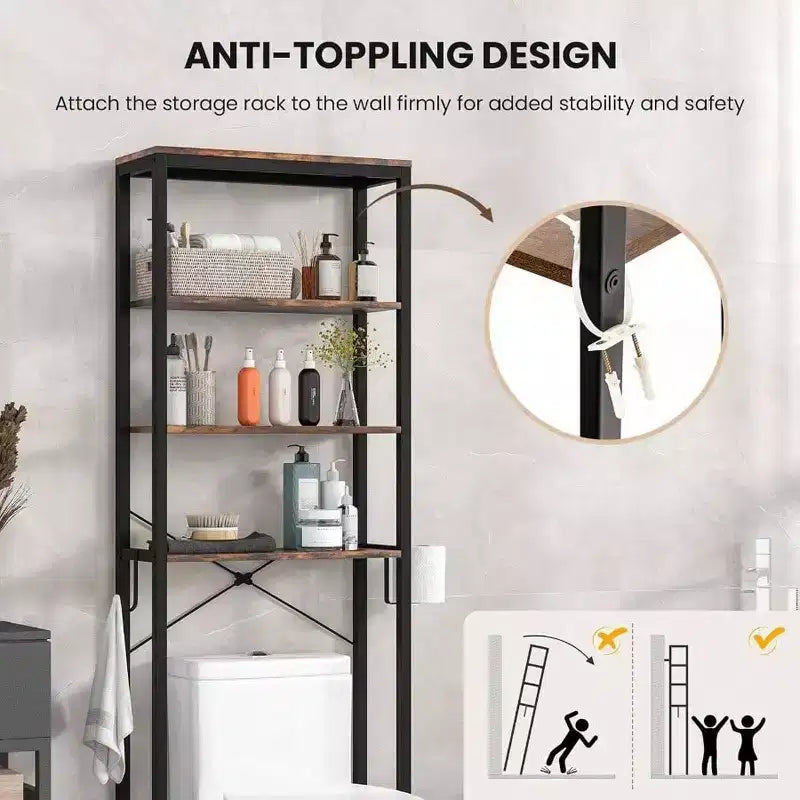 Scaffale da bagno a 4 ripiani sopra il WC con portarotolo e gancio