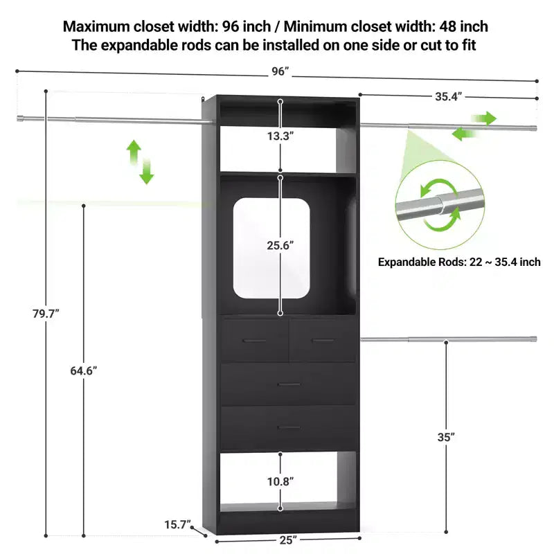 Sistema organizzativo per armadio da 244 cm con specchio e ripiani
