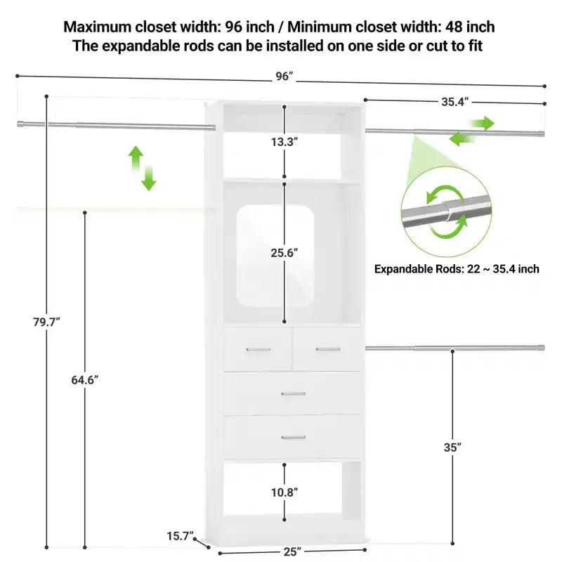 Sistema organizzativo per armadio da 244 cm con specchio e ripiani