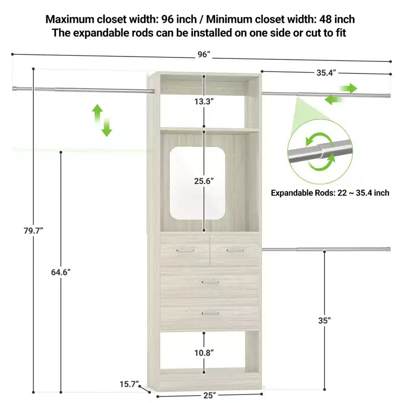 Sistema organizzativo per armadio da 244 cm con specchio e ripiani