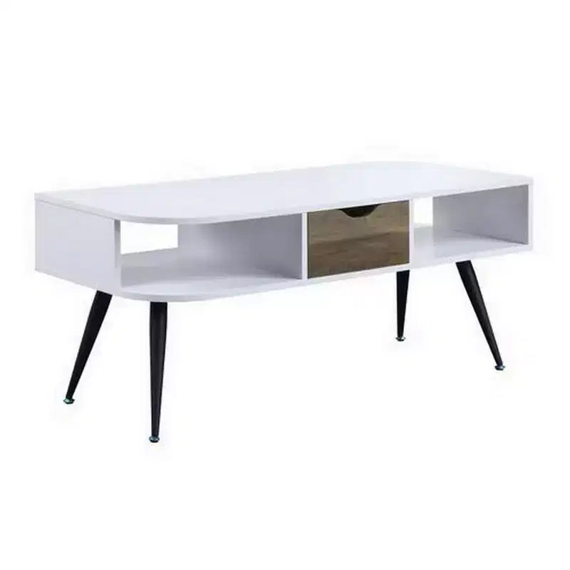 Tavolino da salotto con piano impiallacciato in melaminico e 1 cassetto, bianco