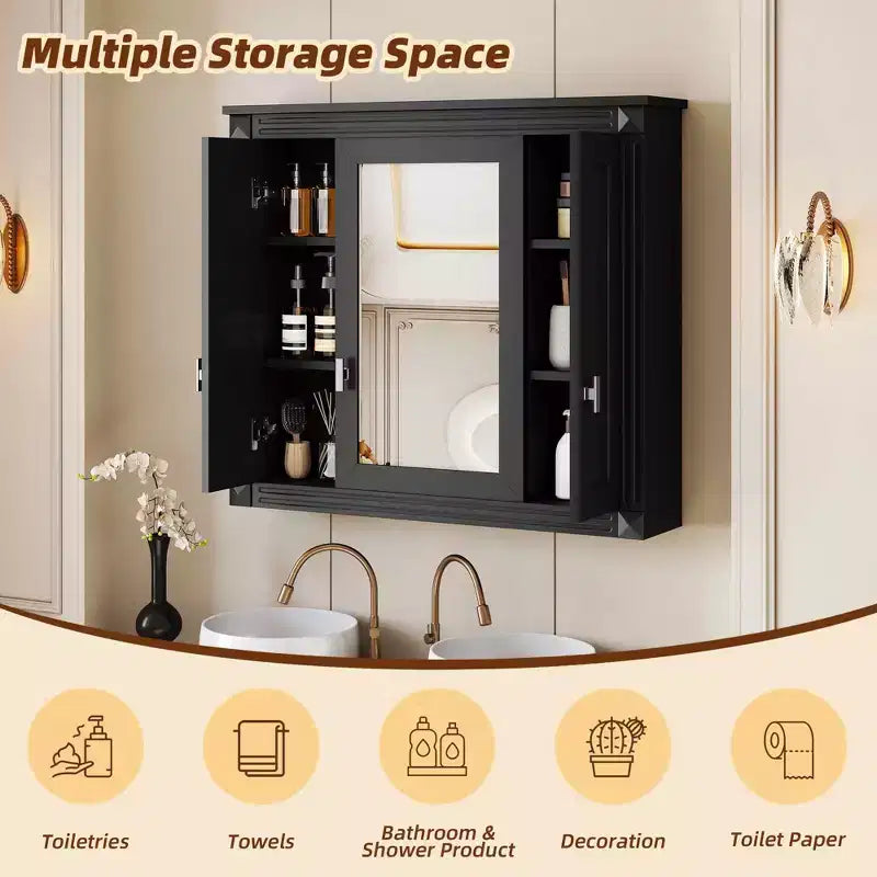 Specchiera da Parete con 4 Ripiani, Nera