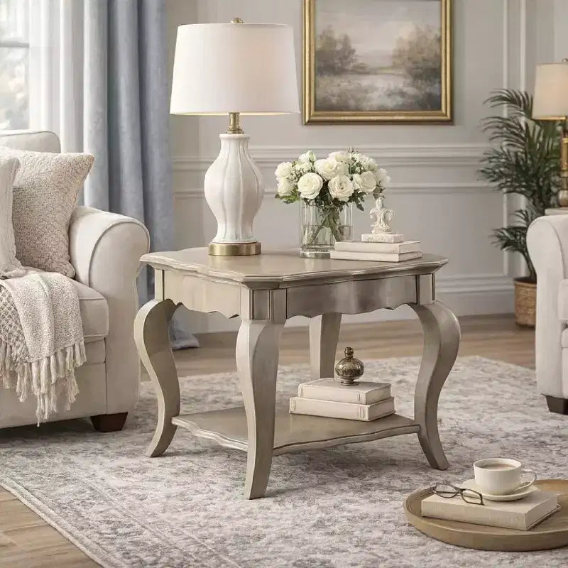 Royal Hampton Wooden End Table with Lower Shelf in Antique Taupe Silver Finish