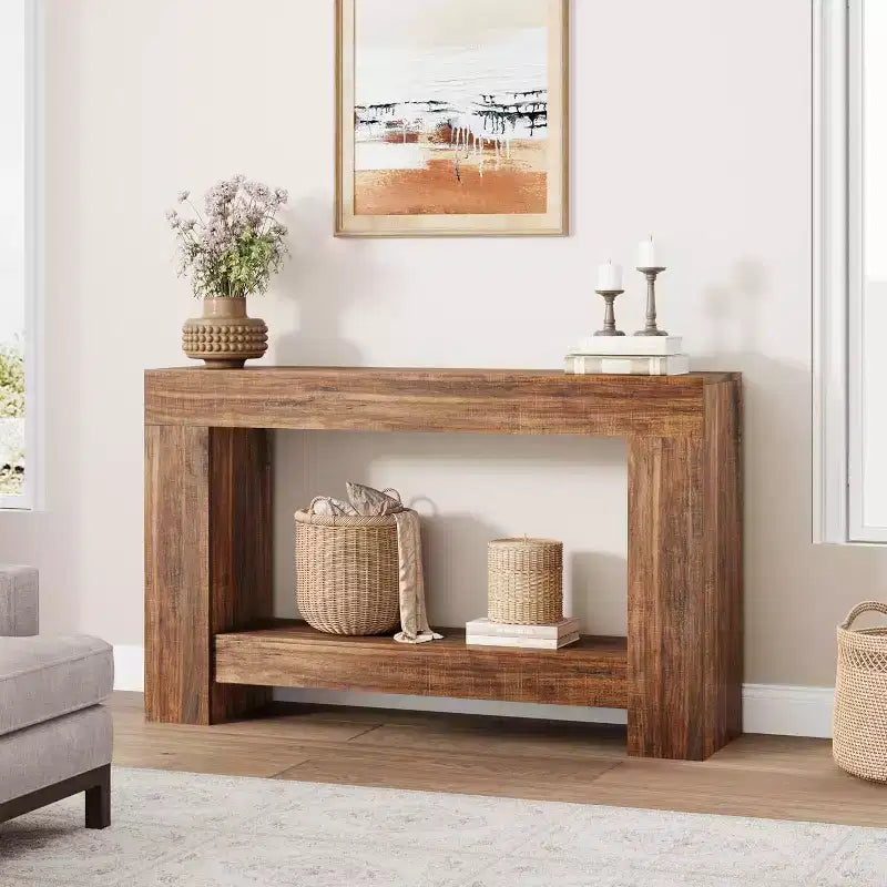 Tavolino Consolle in Legno a 2 Livelli con Ripiano, 120 cm