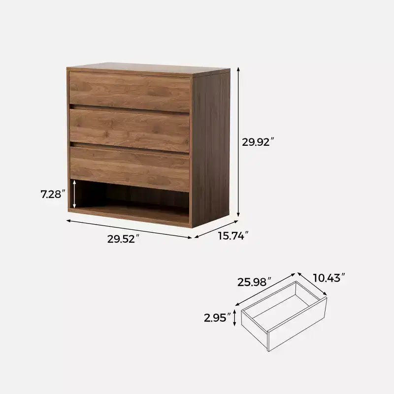 Cassettiera a 3 cassetti con ripiano aperto, colore noce