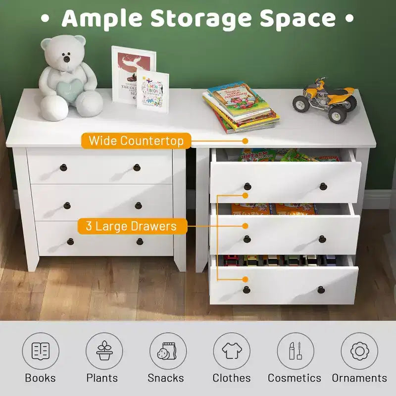 Cassettiera a 3 cassetti con ampio piano d'appoggio – Bianco