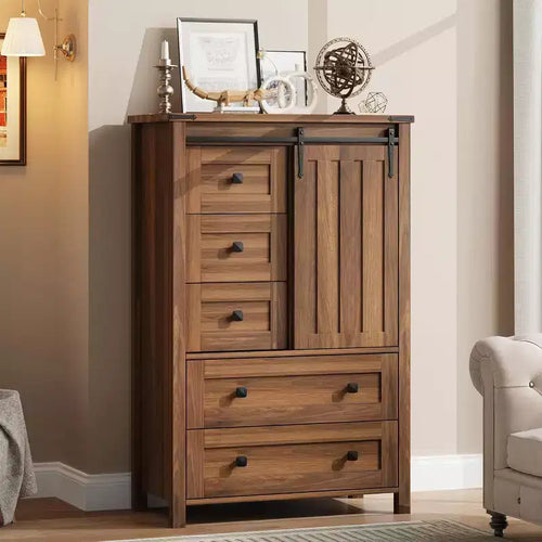 1-Door Barn Door 5-Drawer Cabinet Model 01, Walnut Tone, Retro Design, File & Clothes Storage for Study & Bedroom