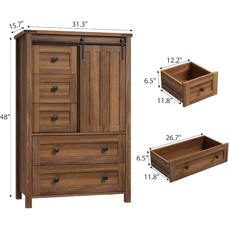 Mobiletto a 5 cassetti con anta unica scorrevole a grana di legno e finitura noce, 5 cassetti