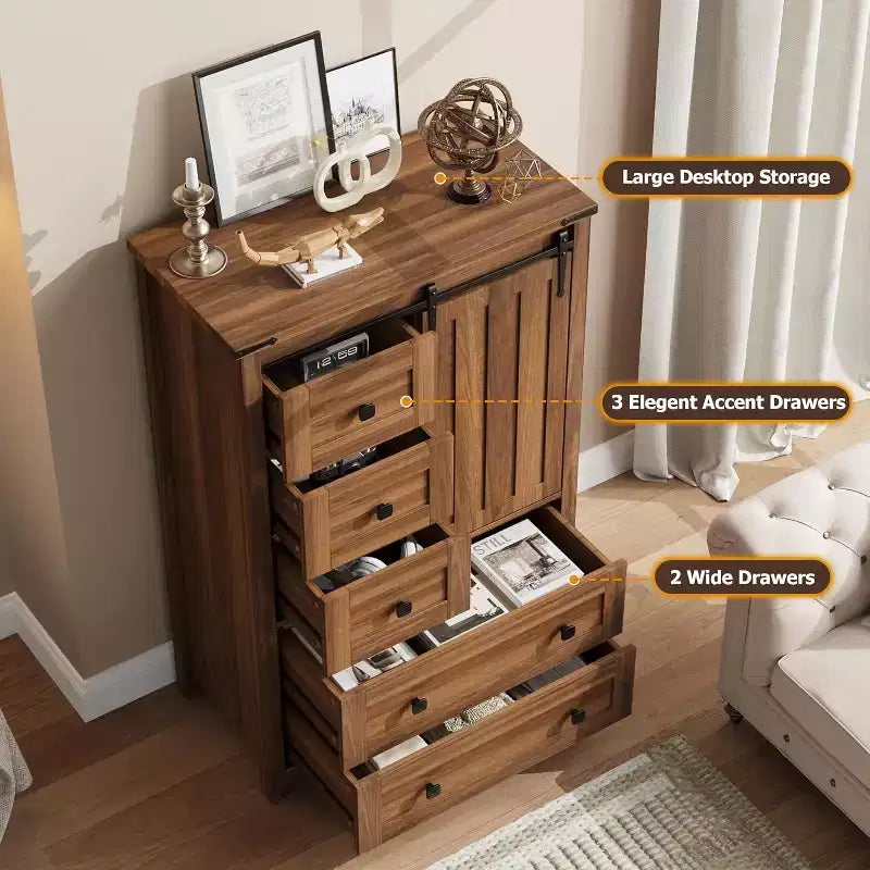 Mobiletto a 5 cassetti con anta unica scorrevole a grana di legno e finitura noce, 5 cassetti