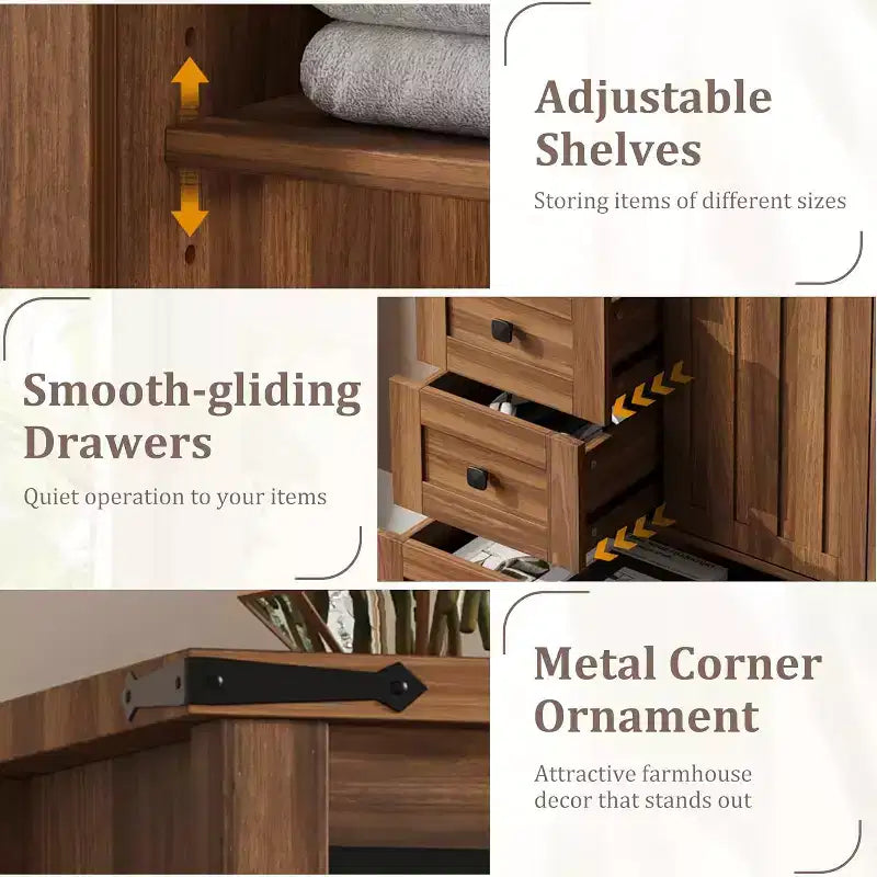 Mobiletto a 5 cassetti con anta unica scorrevole a grana di legno e finitura noce, 5 cassetti