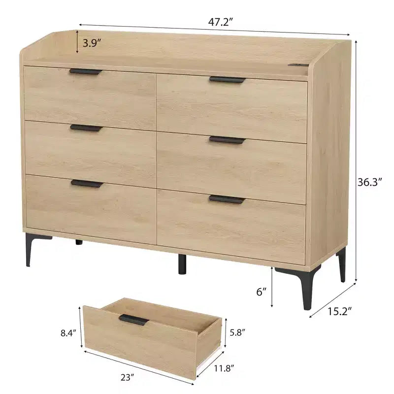 Comodino a 6 cassetti con prese di corrente per la camera da letto