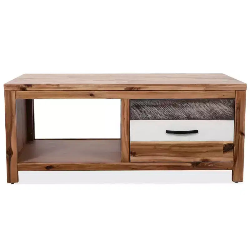 Tavolino da caffè in legno massello di acacia con cassetto e ripiano aperto