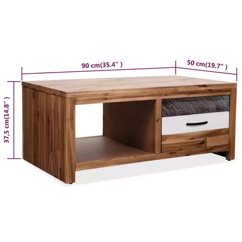 Tavolino da caffè in legno massello di acacia con cassetto e ripiano aperto