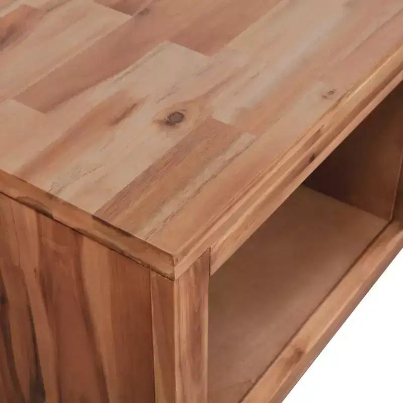 Tavolino da caffè in legno massello di acacia con cassetto e ripiano aperto