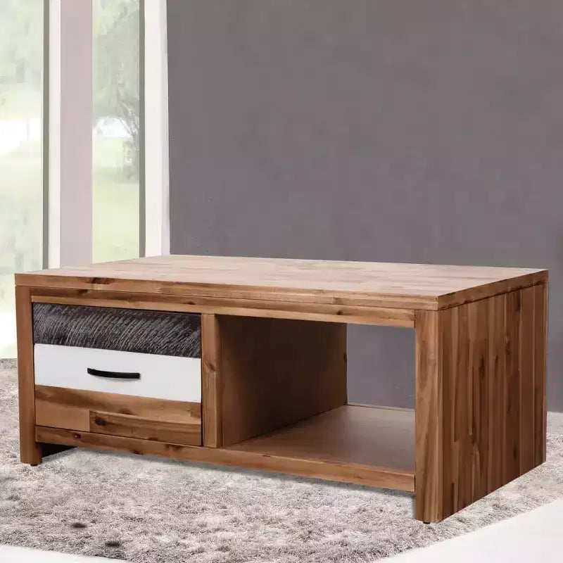 Tavolino da caffè in legno massello di acacia con cassetto e ripiano aperto