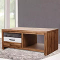 Tavolino da caffè in legno massello di acacia con cassetto e ripiano aperto