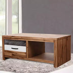 Tavolino da caffè in legno massello di acacia con cassetto e ripiano aperto