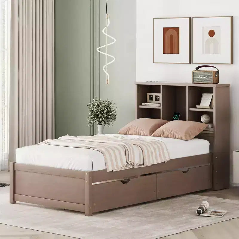Struttura letto singola con testiera a libreria, porta USB e 2 cassetti portaoggetti – Noce