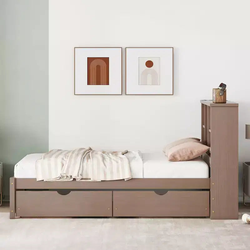 Struttura letto singola con testiera a libreria, porta USB e 2 cassetti portaoggetti – Noce